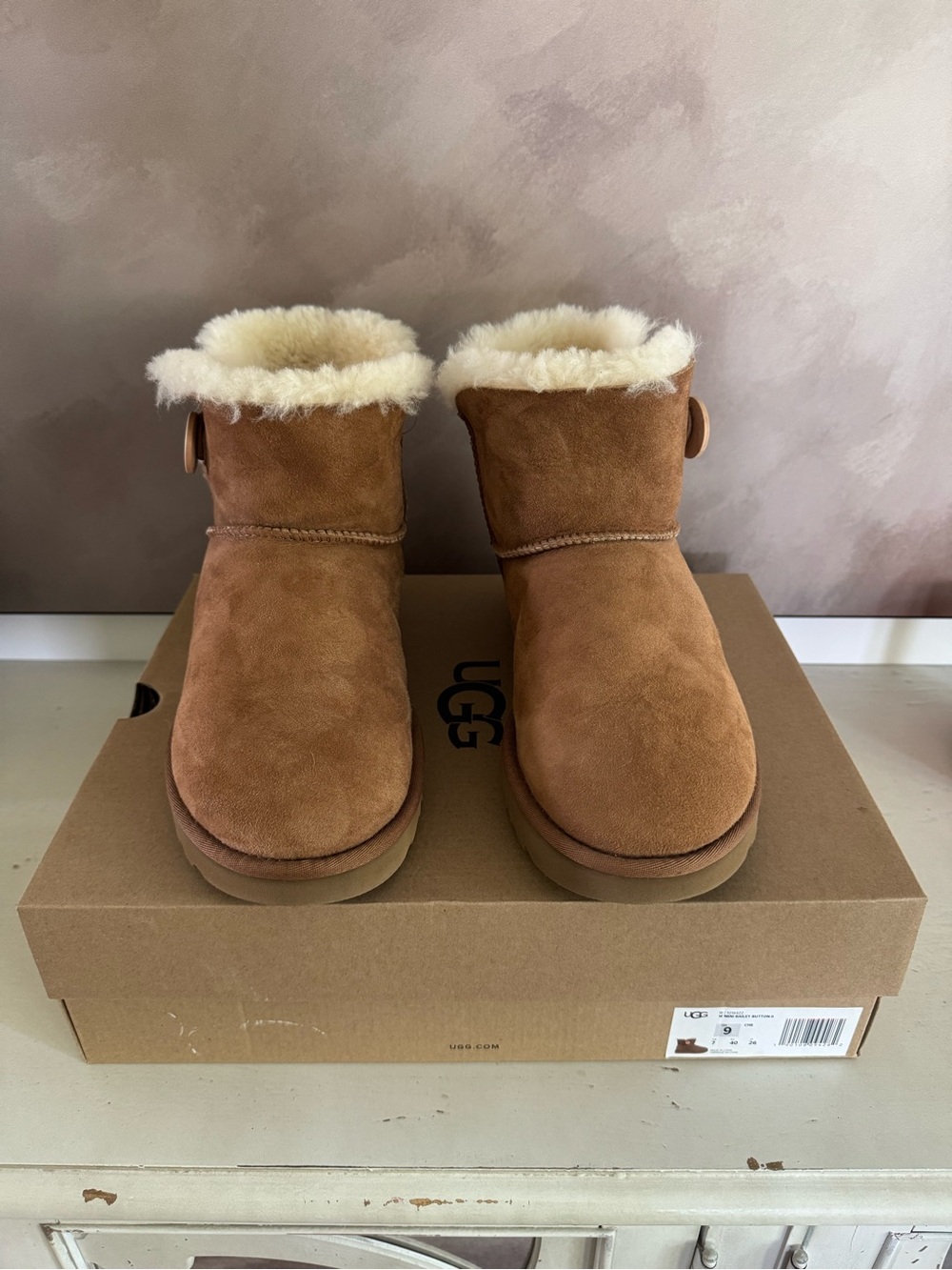 UGG Women's Chestnut Suede Shearling Button Short Boot